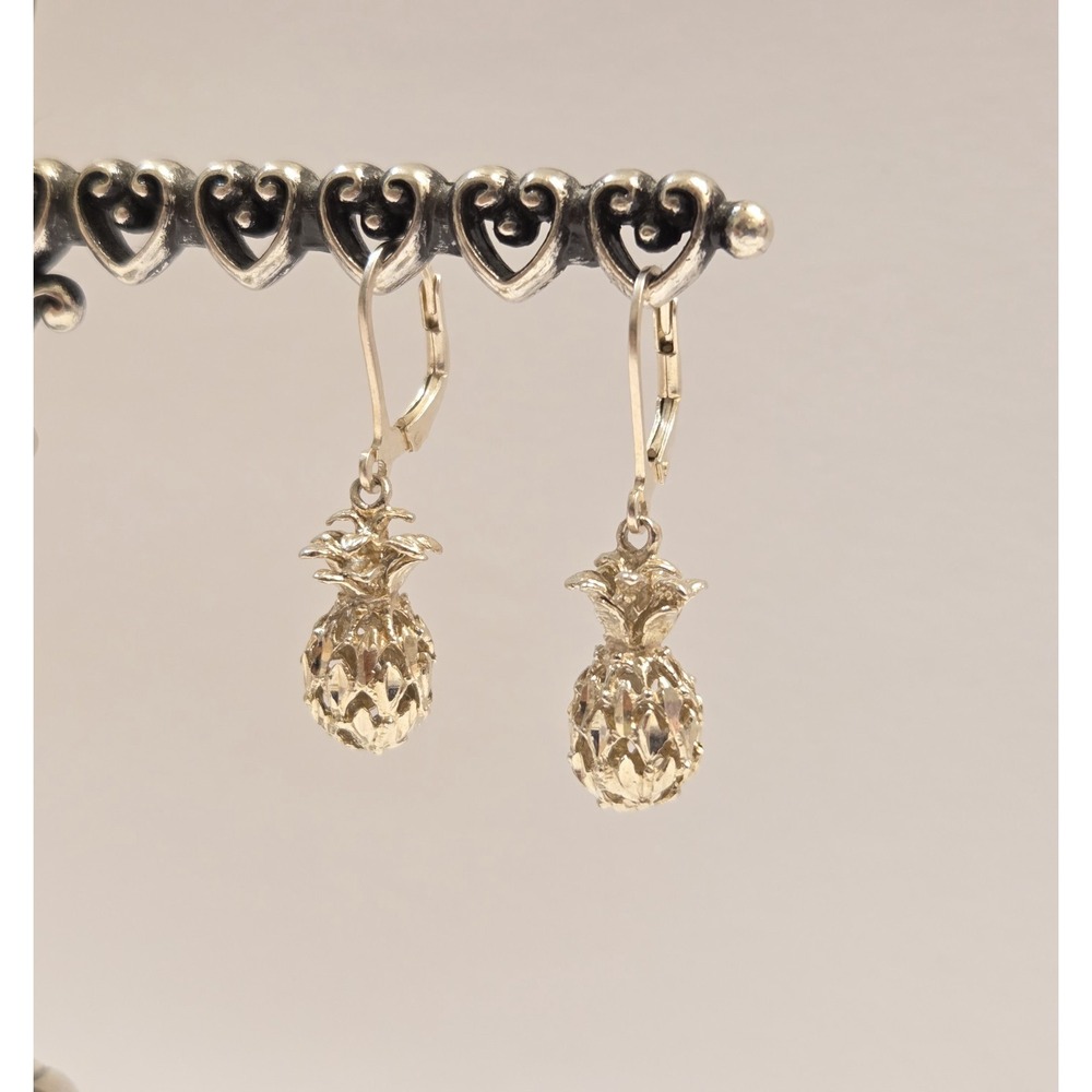 Vintage Sterling Silver Pineapple Lever Back Dangle Earrings 925